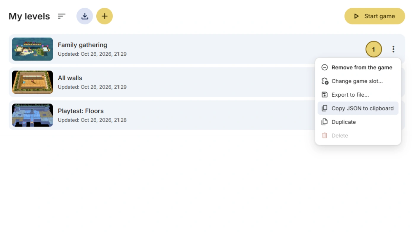 A level’s menu in My levels, with Export to file and Copy JSON to clipboard